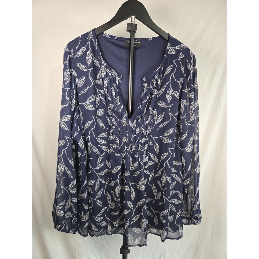 Lane‎ Bryant Size 24 Navy Sheer Blouse Pleated Front Flowy Lightweight Top